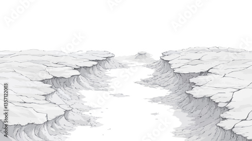 The image is a grayscale pencil drawing depicting an abstract landscape.  The composition features a central channel or waterway separating two landmasses characterized by wave-like or undulating