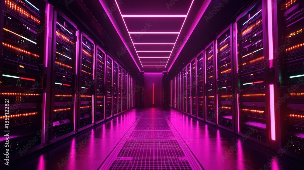 Fototapeta premium Neon-Lit Server Room: A Digital Oasis of Data
