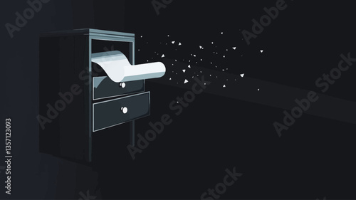 A 3D rendering depicts a dark-colored vintage cabinet with a single open drawer. A sheet of white paper is being ejected from the drawer, disintegrating into small particles as it moves towards the
