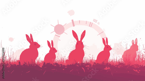 The image is a vector illustration featuring five pink silhouettes of rabbits positioned in a row against a light background. They appear to be sitting in a field of stylized grass. A semi-circular