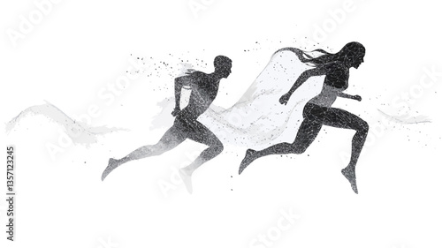 The image is a monochrome, abstract depiction of two figures, a male and a female, running.  They are rendered as silhouettes against a white background with stylized trails suggesting motion or
