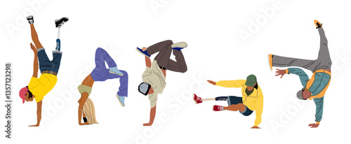 Set of teenager dancers hip hop, breakdance colorful vector illustrations on transparent background. Young cool girl and boy dancing street dance.