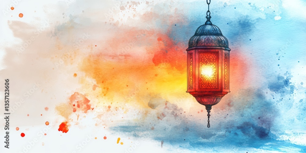 Obraz premium Watercolor painting featuring a brightly lit ornamental ramadan lantern