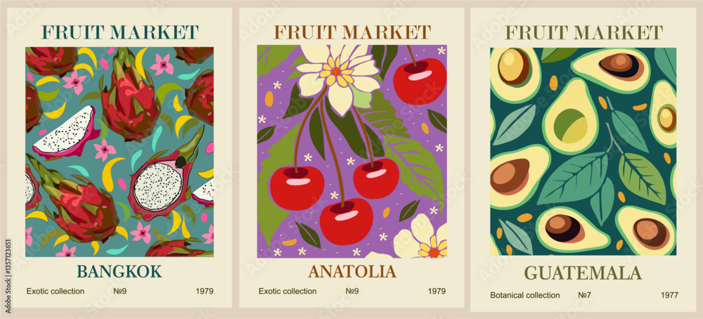 Fototapeta premium Set of Abstract Fruit Market retro posters. Trendy contemporary wall arts with cherry, avocado, dragon fruits. Modern naive groovy interior decorations, vector art paintings.