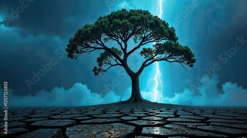 Resilient Tree Endures Storm on Cracked Earth Under Dark Sky