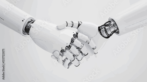 Close-up, monochrome view of two robotic hands clasped in a handshake. The image is sharply focused and shows intricate details of the robotic hands against a plain white background.  The lighting