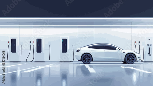 The image shows a side profile of a white electric vehicle parked in a minimalist, modern charging station. The station features a white wall with integrated charging ports, and a clean, bright