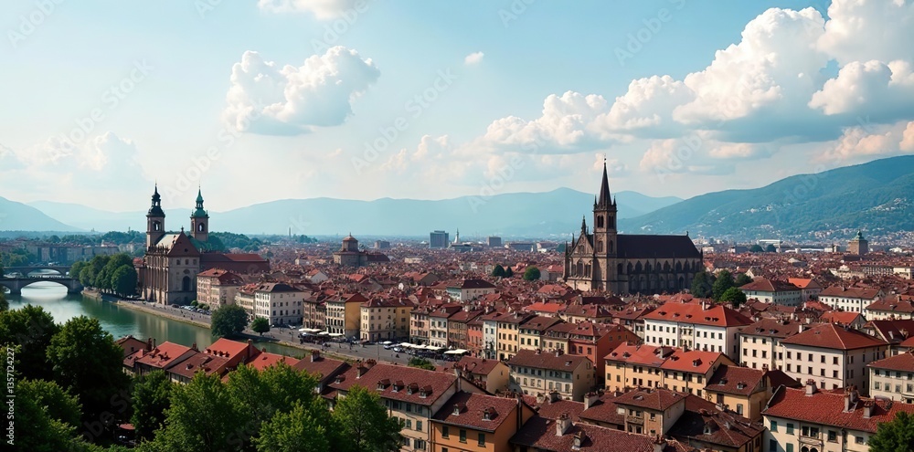 Fototapeta premium A panoramic view of the historical city center of Turin, Italy, featuring famous landmarks such as the Mole Antonelliana and the Turin Cathedral, urban, beautiful