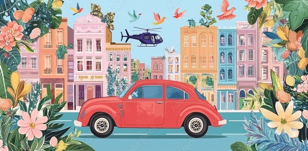 Naklejka premium A vibrant and whimsical cityscape is showcased, featuring an array of colorful buildings, cars, and airplanes