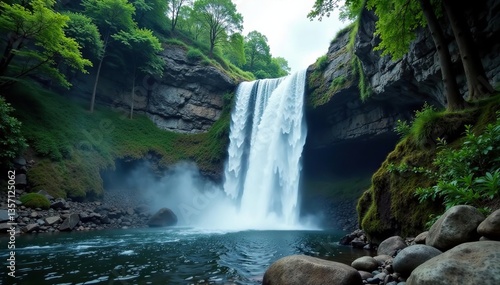 A majestic waterfall cascading over rugged rocks in the wilderness,  United States,  rocks