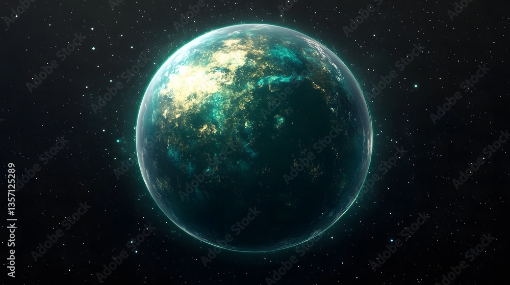 Fototapeta premium Vibrant green glittery planet surrounded by stars in the sky on a transparent background for creative usage