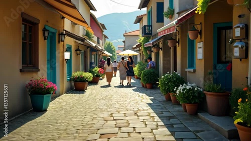 Strolling through a charming cobblestone lane with vibrant flower pots adorning picturesque buildings