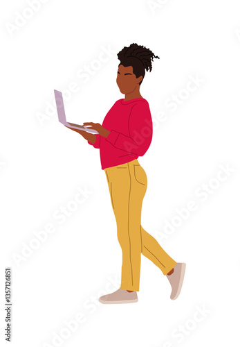 Black business woman working at laptop. African american girl wearing smart casual office outfit standing with computer side view. Vector realistic illustration isolated