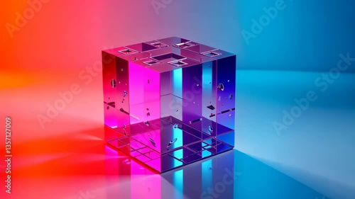 Neon Lights Illuminate a Reflective Glass Cube with Intricate Details