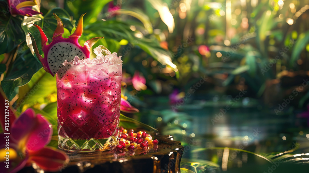 Cocktail with dragon fruit garnish, set in a lush tropical garden Cocktail with dragon fruit garnish, set in a lush tropical garden