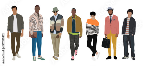 Diverse stylish men wearing modern street fashion clothes. Handsome guys in casual autumn, spring wear. Vector realistic illustrations isolated