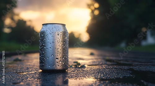 A Refreshing Pour: An isolated, condensation-covered can of soda stands on a wet asphalt road, with a blurred background of a setting sun, invoking refreshment. 