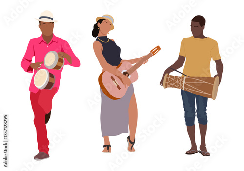 Latin musicians. Girl with guitar and men with drums. Cuban, brazilian, latin american, african characters. Drawing for poster, flyers, invitations, cards. Vector realistic illustration isolated.