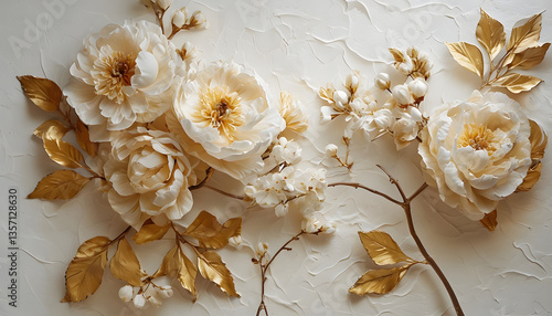 dried flowers on a wooden background, Intricate Floral Arrangement With Lush Peonies And Golden Leaves