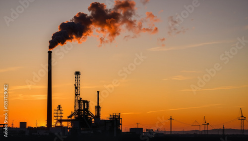 Factory smokestack silhouetted against colorful sunset, industrial labor