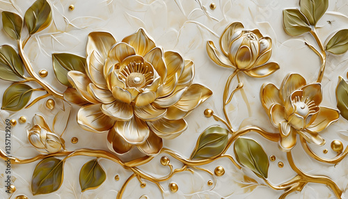 abstract background with gold ornament, Intricate Lotus Flower Relief Art on Cream Background