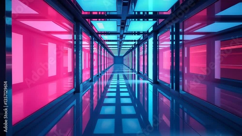 Neon Pink and Blue Corridor A Futuristic Journey Through Light and Reflection