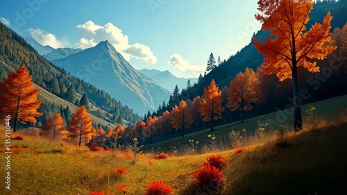 Autumn Colors Adorn a Tranquil Mountain Valley with Majestic Peaks in the Distance