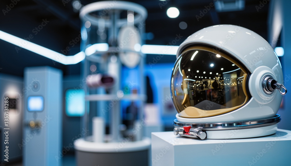 Innovative astronaut helmet displayed in science museum, futuristic design Innovative astronaut helmet displayed in science museum, futuristic design