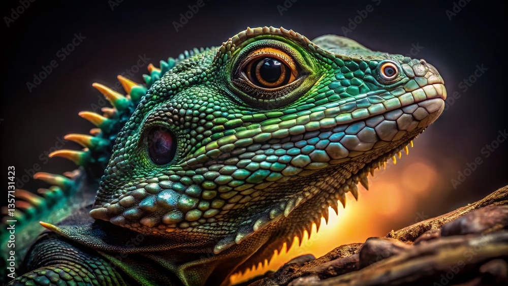 Chinese Water Dragon in Low Light, Nighttime Reptile Closeup Chinese Water Dragon in Low Light, Nighttime Reptile Closeup