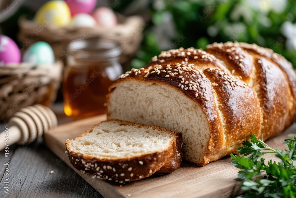 This image features a sliced loaf of sesame-topped bread beside a jar of honey, evoking warmth and comfort typically shared during festive gatherings and family meals. This image features a sliced loaf of sesame-topped bread beside a jar of honey, evoking warmth and comfort typically shared during festive gatherings and family meals.