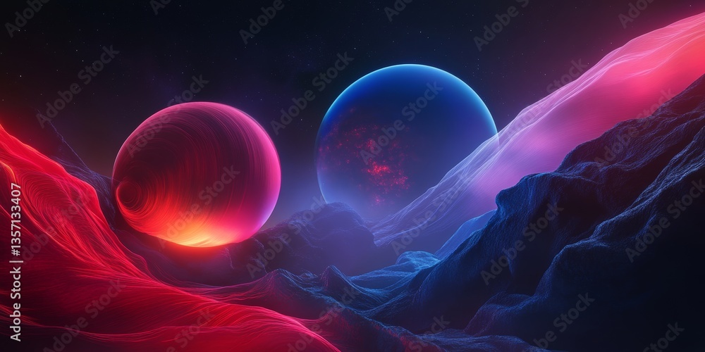 Naklejka premium two glowing spheres with colorful light, floating above a surreal landscape with smooth flowing mountains. The whole image has a futuristic and cosmic feel.