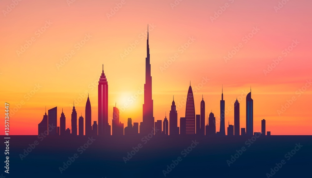Obraz premium Fantasy-style world skyline with famous buildings arranged harmoniously, dreamy sunset hues.