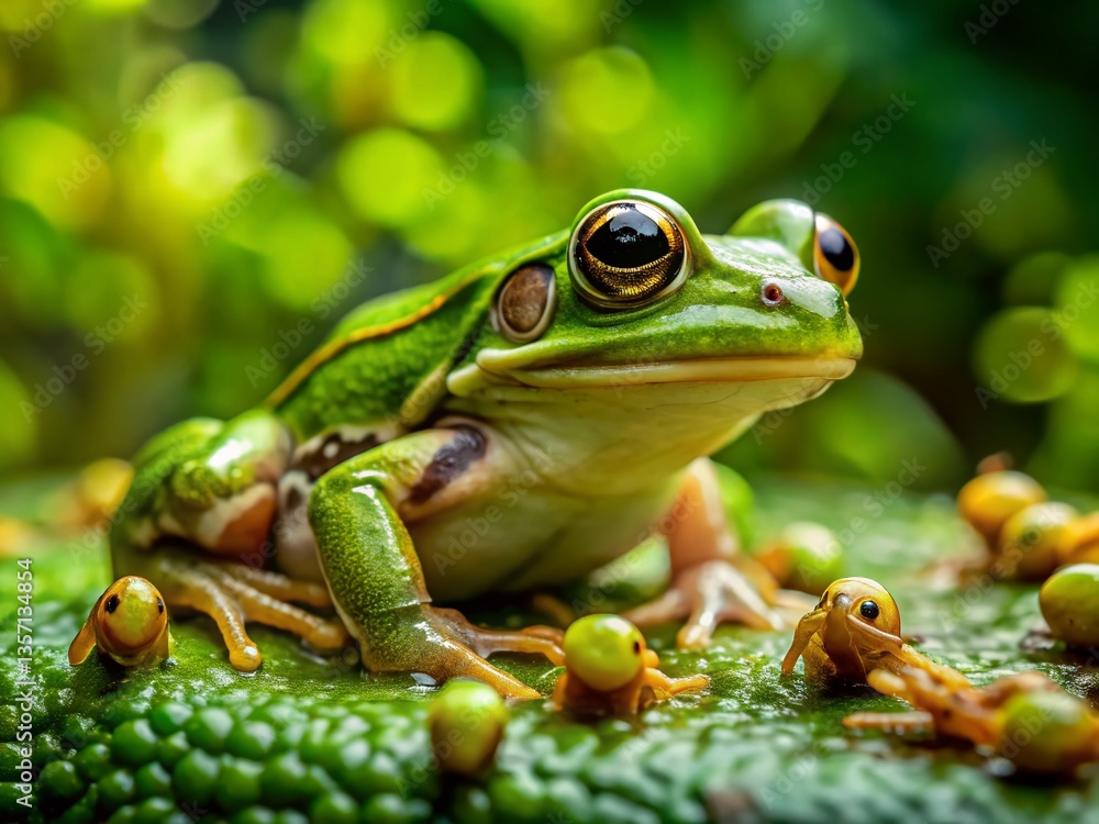 Naklejka premium Adorable Frog Carrying Tadpoles on its Back - Close-up Macro Shot