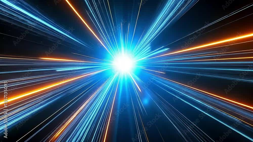Light streams of blue & orange radiating outwards from a central point of intense bright light Light streams of blue & orange radiating outwards from a central point of intense bright light