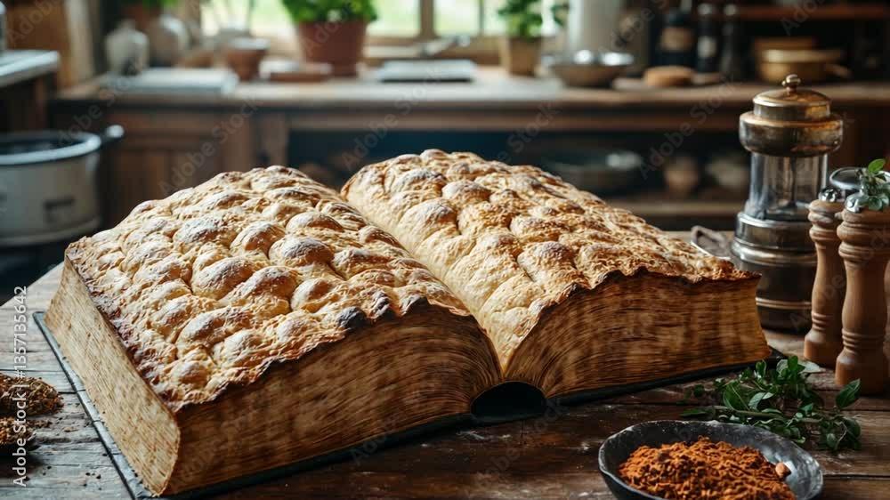 Large open book shaped bread on rustic kitchen table