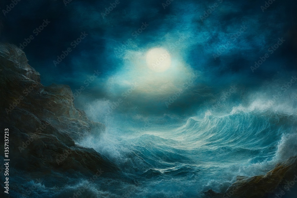 Fototapeta premium the mesmerizing scene of a stormy ocean at night, under the pale glow of the moon. The waves crash against the shore.
