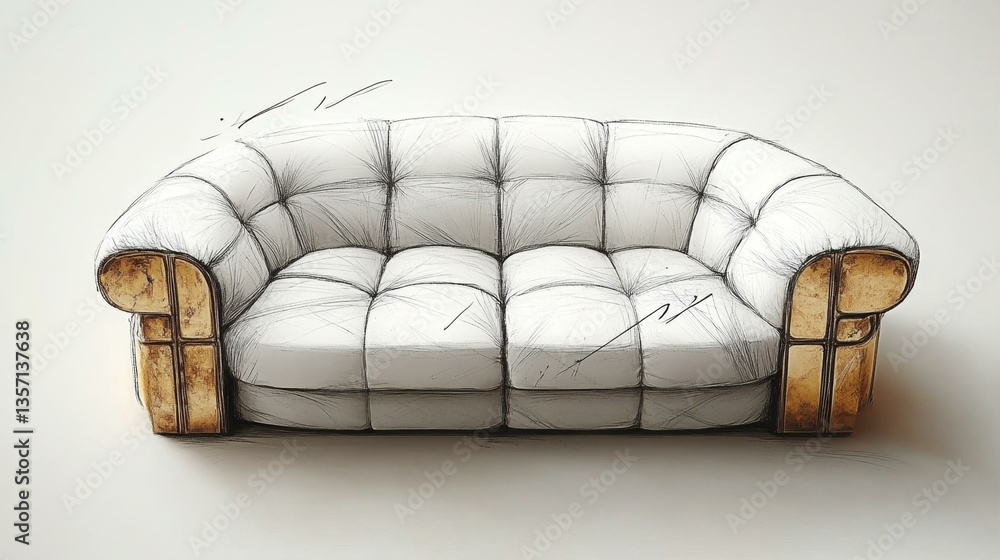 Naklejka premium Artistic Rendering of a Quilted White Sofa with Exposed Wooden Frame in an Abstract Presentation