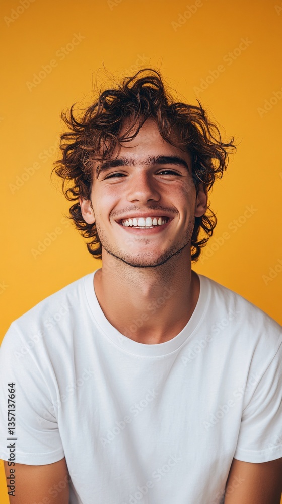 Smiling Man on Orange: A charming young man with curly hair and a radiant smile poses against a vibrant orange backdrop, radiating warmth and approachability. Smiling Man on Orange: A charming young man with curly hair and a radiant smile poses against a vibrant orange backdrop, radiating warmth and approachability.