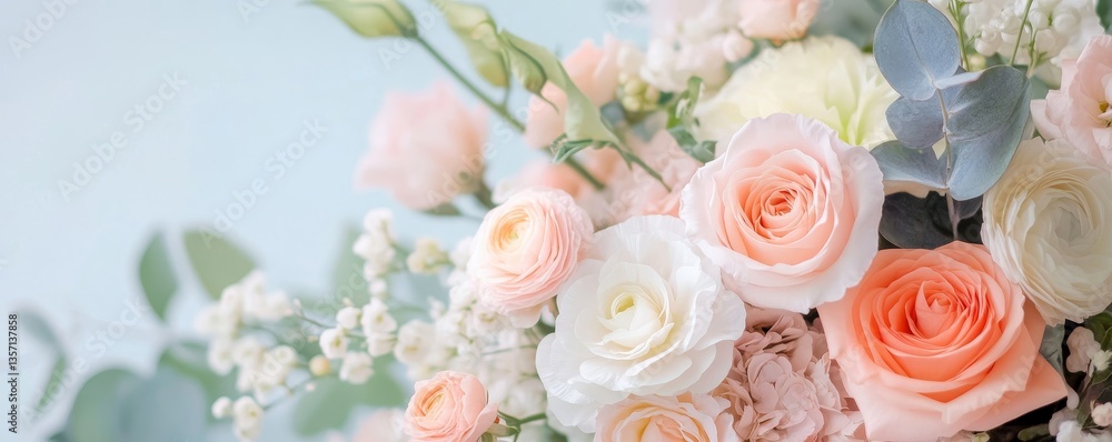 a close-up of a bouquet of roses in pastel color, with delicate leaves and stems. It's a soft, gentle composition a close-up of a bouquet of roses in pastel color, with delicate leaves and stems. It's a soft, gentle composition