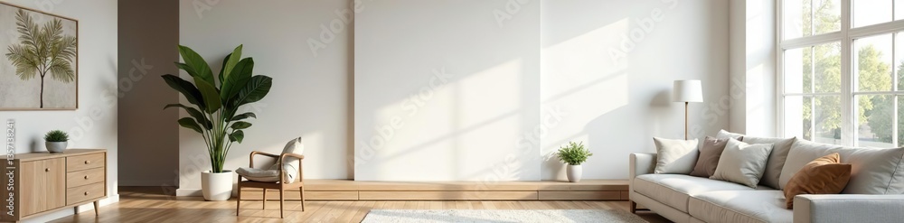 A realistic 3D mock-up of a vertical ads banner placed in a modern living room setting, digital, branding A realistic 3D mock-up of a vertical ads banner placed in a modern living room setting, digital, branding