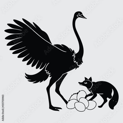 An ostrich defending its eggs from a fox image silhouette design vector art and illustration