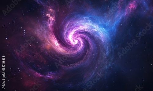 a mesmerizing spiral galaxy swirling with vibrant hues of purple, blue, and pink, creating a captivating cosmic display. The celestial body is filled with stars and nebula