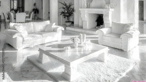 Luxurious white living room interior, sunlight, fireplace, calm