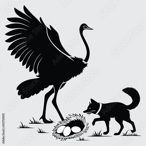 An ostrich defending its eggs from a fox image silhouette design vector art and illustration