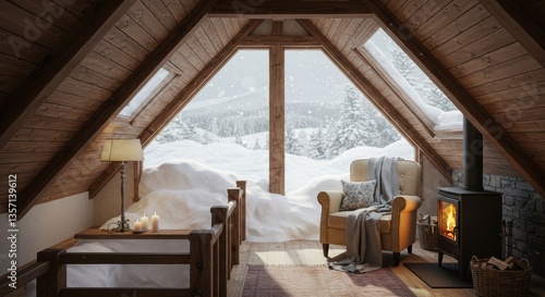 Cozy winter retreat in snowy attic with fireplace and scenic mountain view