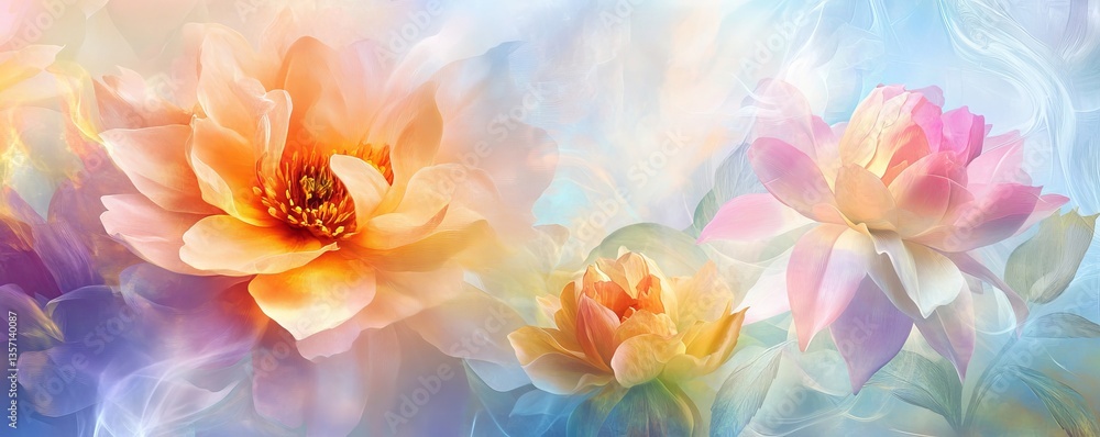 delicate floral display with vibrant petals in shades of orange and pink, accented by a soft, diffused background, which creates a dreamy and ethereal atmosphere delicate floral display with vibrant petals in shades of orange and pink, accented by a soft, diffused background, which creates a dreamy and ethereal atmosphere