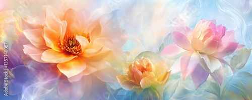 delicate floral display with vibrant petals in shades of orange and pink, accented by a soft, diffused background, which creates a dreamy and ethereal atmosphere