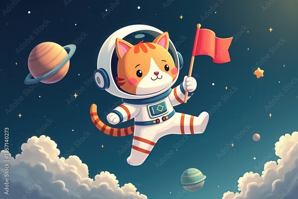 Fototapeta premium Cat astronaut exploring space with flag in paws
