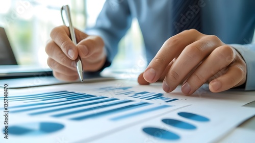 Wallpaper Mural Analyzing Data: A person meticulously examines charts and graphs, using a pen to make notes and draw insights, within a brightly lit, modern office environment. Torontodigital.ca