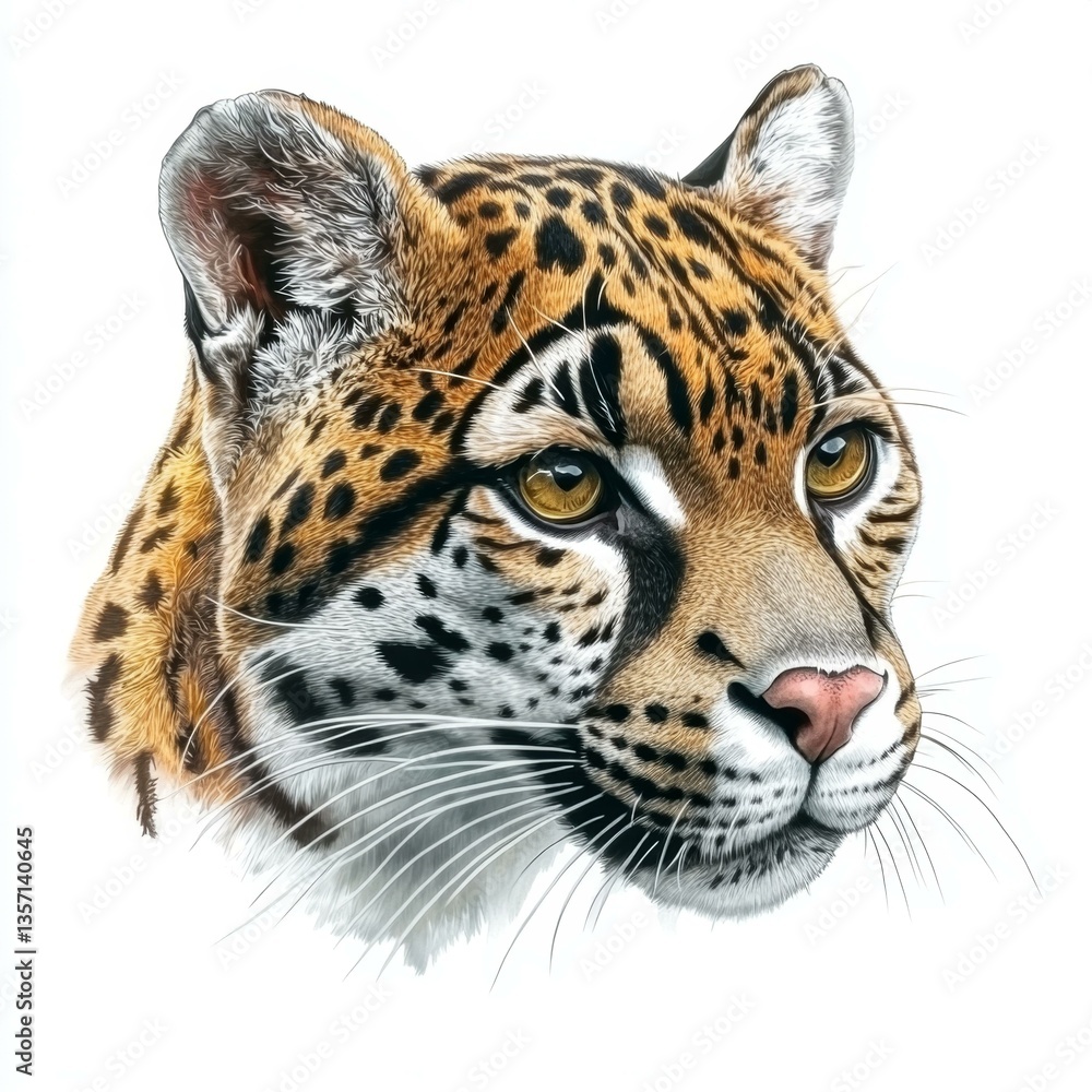 Fototapeta premium Detailed Ocelot Portrait with Realistic Fur Patterns and Golden Eyes Against Plain White Background